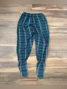 Men's Blue & Green Plaid Flannel Footie Pajama Pants Size M/L